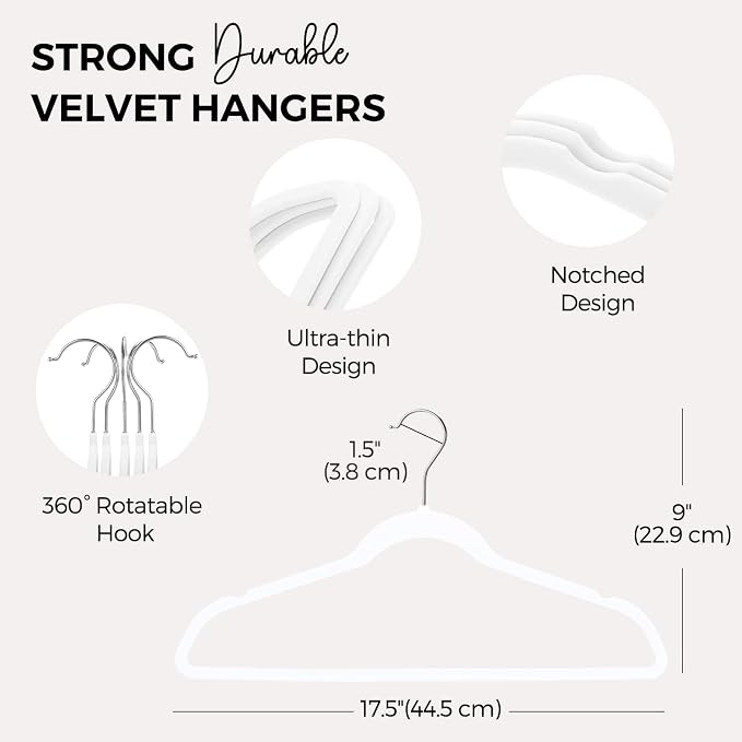 HOUSE DAY Premium Velvet Hangers 50 Pack, Non-Slip Flocked Felt Hangers, Sturdy Clothes Hangers with 360° Rotatable Hook, Heavy Duty Coat Hanger, Durable Slim White Hanger for Closet Space Saving - Image 7