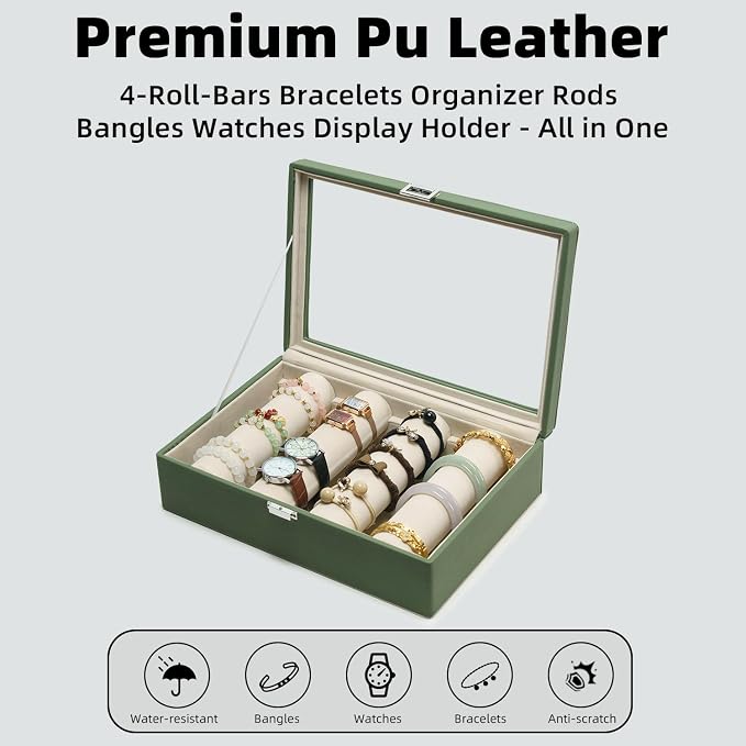 Bracelets Organizer Rods Bangles Display Holder, Clear See through Lid Leather Velvet Jewelry Storage Box Case for Women, 4 Rods Green Leather - Image 6