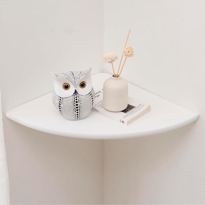 Corner Shelf, White Solid Oak Wood Floating Corner Shelves Wall Mount Round End Floating Speaker Rack Display Shelf for Small Plant Photo Frame (White, 13.8in) by Coamily