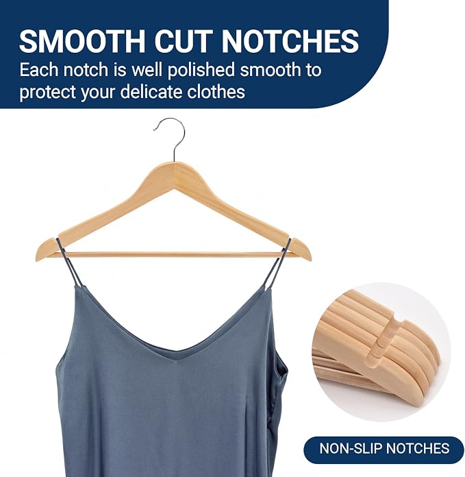 Amber Home 30 Pack Wooden Coat Hangers, Natural Wood Suit Hangers with Non-Slip Pant Bar, Clothes Hangers for Closet Organization, Shirts, Jackets, Dresses, and Pants (Natural, 30) - Image 3