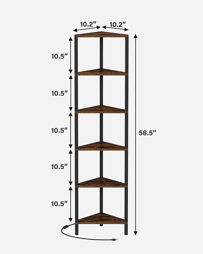 TUTOTAK Corner Shelf with LED Light, 6-Tier Corner Bookshelf for Small Space, Narrow Display Corner Shelf Stand with Storage Rack, for Living Room, Bedroom, Rustic Brown BS05BB006L - Image 2