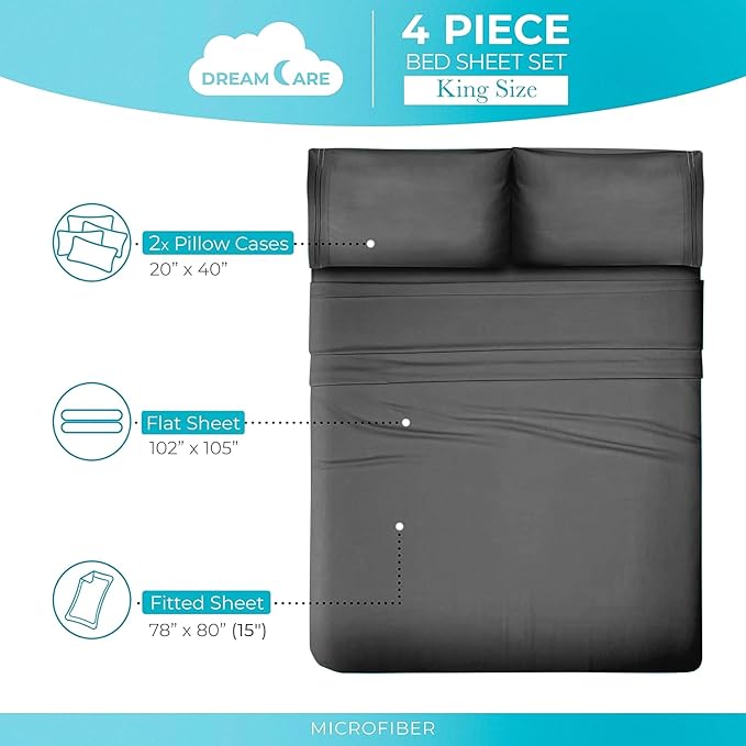 DREAMCARE California King Sheet Sets - Cooling Bed Sheets - 4pcs Set - up to 15" Deep Pocket Cal King Sheets - California King Sheets - Soft & Lasting 100% Brushed Polyester with Side Pocket - D.Gray
