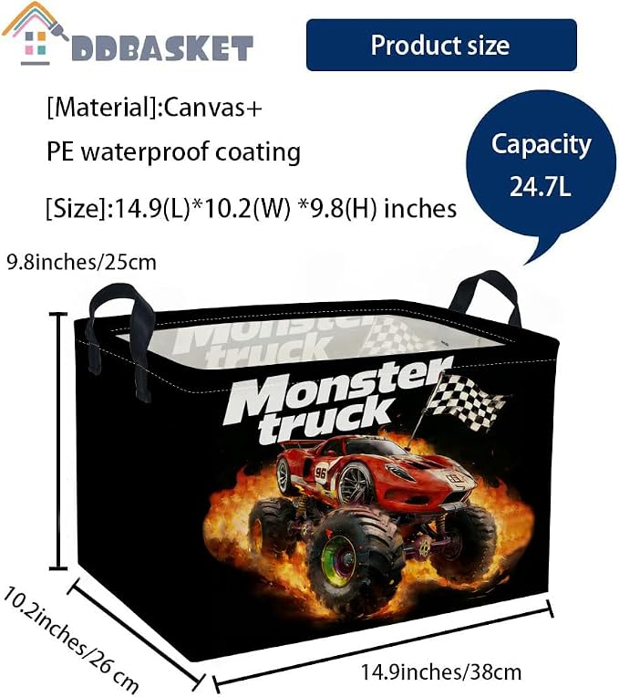 Rectangular Kids Baskets Moster truck Basket Cute Storage Bins Organizer Box Boys Room Decor for Home.(Black racing car) - Image 2