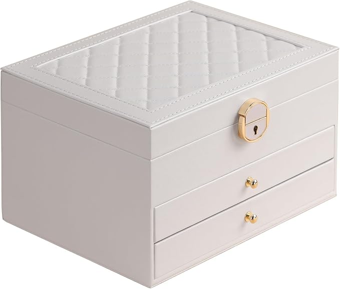 GUOER Jewelry Box for Women Girl Wife 3 Layers Large PU Leather Jewelry Organizer Storage Case with Two drawers Display for Earrings Bracelets Rings Watches Mother's Day (White) by GUOER