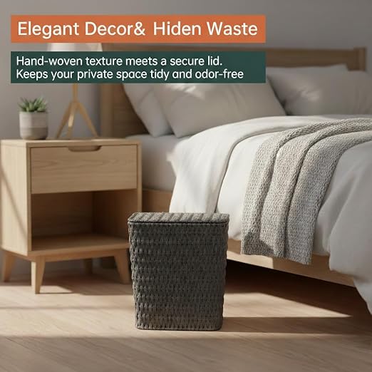 Coeusy 3 Gallon Paper Rope Bathroom Trash Can,Small Wicker Trash Cans with Lid and Liner,Woven Rattan Narrow Waste Basket for Bedroom,Office,Grey - Image 7