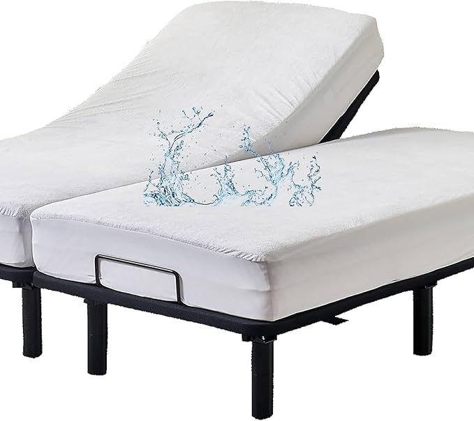 Kingnex Waterproof Split King Mattress Protector for Adjustable Beds Noiseless Soft Bamboo Viscose Terry Surface Fitted Matress Cover with Deep Pocket