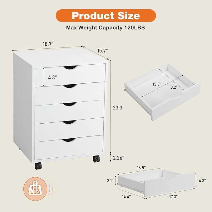 5 Drawer Mobile File Cabinet Under Desk Storage Organization with Wheels Vertical Filing Chest Rolling Wood Small Desk Printer Stand for Home Office, White - Image 3