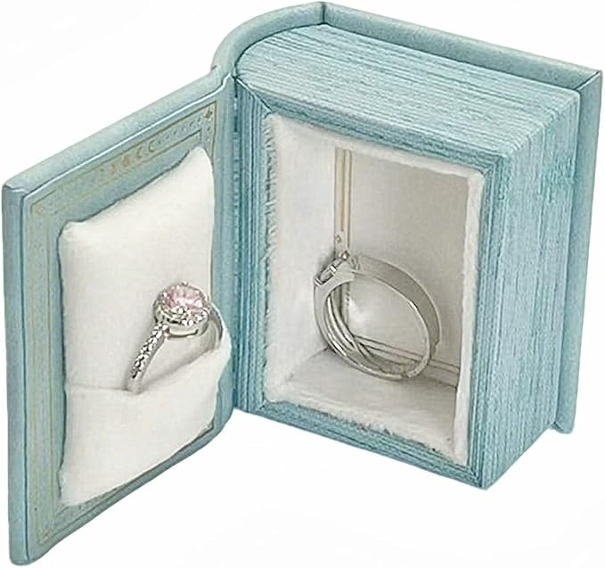 Book Shaped Ring Box - Vintage Engagement Ring Box with Hinged Lid for Proposal Engagement Wedding, Proposal Ring Case -PRB017-Blue - Image 3