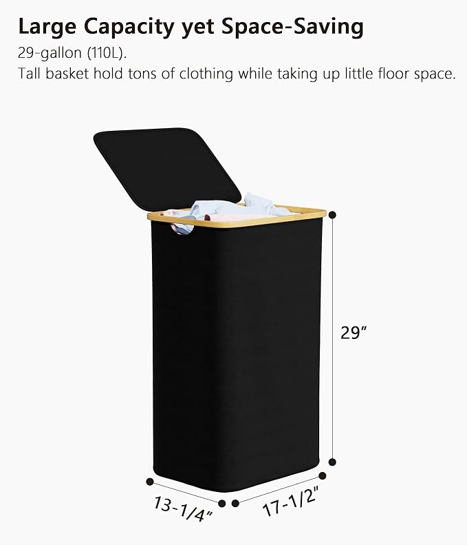 SUOCO Laundry Basket with Lid, 29 Gal (110L) Clothes Hamper with Bamboo Handles, Large Foldable Laundry Hamper for Bedroom, Bathroom, Dorm, Laundry Room - Black - Image 5