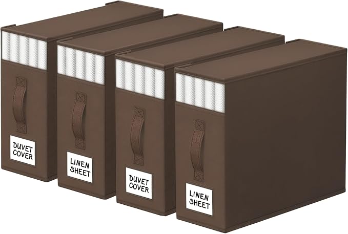 StorageTastic 4 Pack Bed Sheet Closet Organizers and Storage,Sturdy Foldable Storage Containers with Window and Label,Storage and Organization for Bedding Sheets,Duvet Covers,Blankets (Brown) by StorageTastic