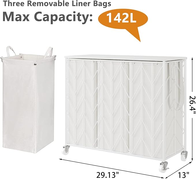 WOWLIVE Laundry Basket with Wheels, 142L Laundry Hamper 3 Section with Lid, Dirty Clothes Hamper with Removable Bags, Large Capacity Iron-Made Laundry Basket Organizer Laundry Sorter for Dorm, White - Image 3