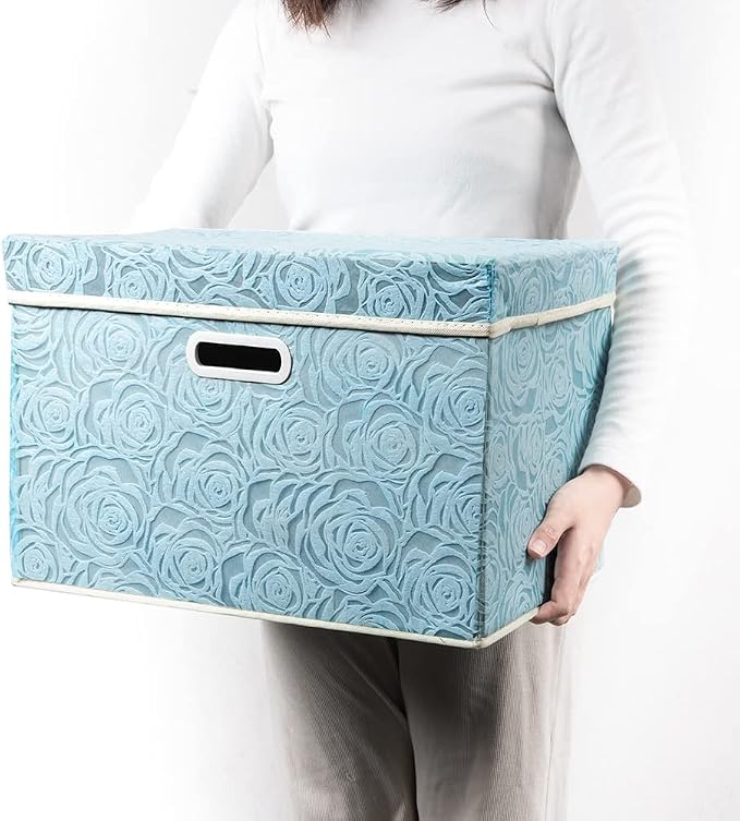 PRANDOM Large Collapsible Storage Boxes with Lids [5-Pack] Fabric Decorative Storage Bins Cubes Organizer Containers Baskets with Cover Handles for Bedroom Closet Nursery Blue 17.5x11.8x11.8 Inch - Image 6