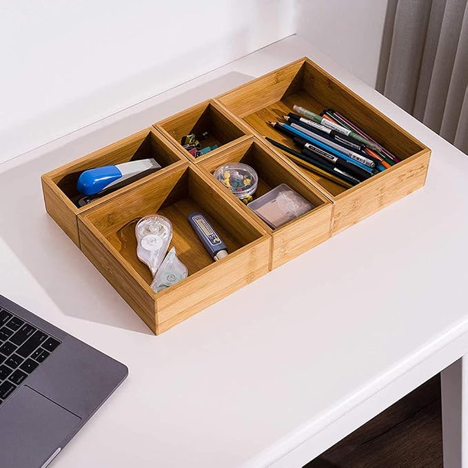 Lawei Set of 5 Bamboo Drawer Organizer Boxes, Desk Storage Box Kit, Drawer Storage Containers Tray Bins for Office, Kitchen, Bedroom, Children Room, Craft, Sewing - Image 5