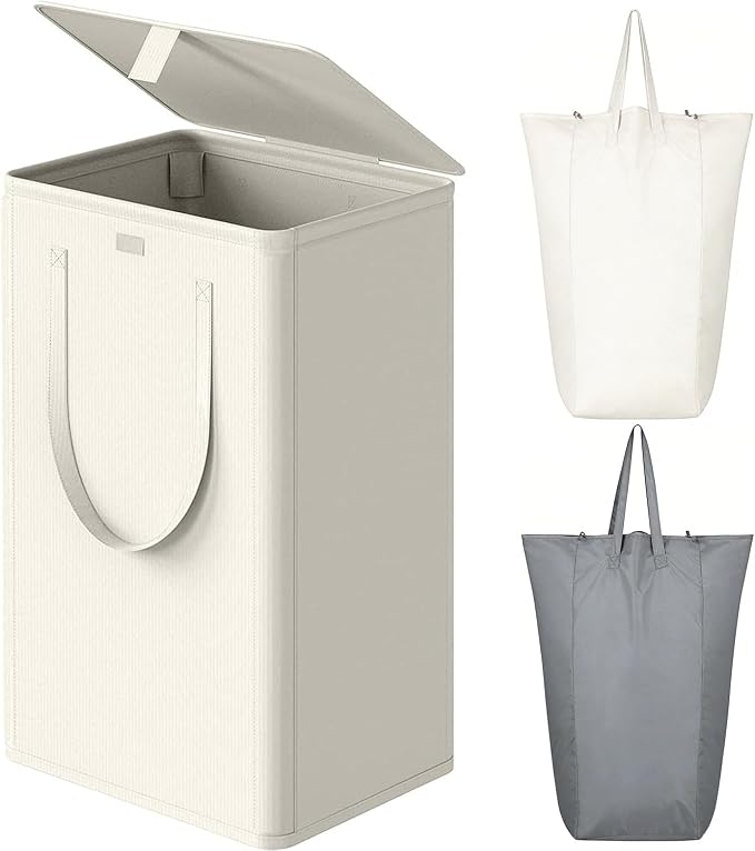 WOWLIVE 100L Laundry Hamper with Lid, Large Foldbale Laundry Basket with 2 Removable Bags and Handles, Tall Collapsible Dirty Clothes Hamper for Laundry Room, Bathroom, Dorm (Beige) by WOWLIVE