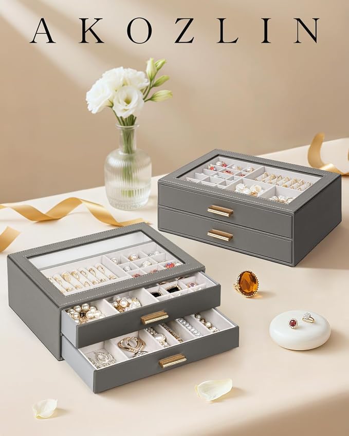 AKOZLIN Jewelry Box with Clear Lid Functional Leather Jewelry Storage Organizer Case 2 Drawers for Women Girls Necklace Ring Bracelet Earring - Image 7