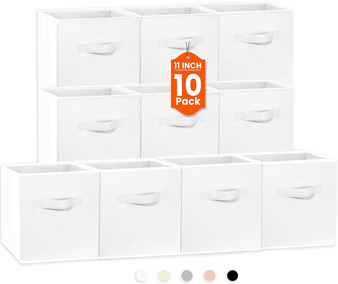 Criusia Storage Cubes, 11 Inch Cube Storage Bins for Shelves Closet Nursery Bedroom - 10 Pack Collapsible Baskets with Handles - Fabric Bins for Organizing Clothes Blanket Toys (White) by Criusia
