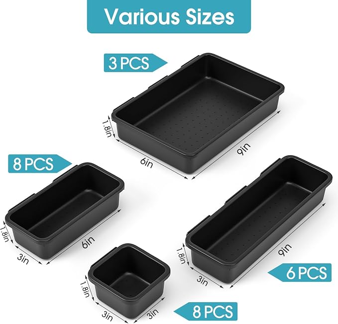 25 PCS Drawer Organizer Set, 4 Size Makeup Drawer Divider Organizer With Non-Slip Pads, Interlocking Plastic Storage Bins for Office,Jewelry Vanity,Gadgets, Bathroom,Kitchen, Black - Image 2