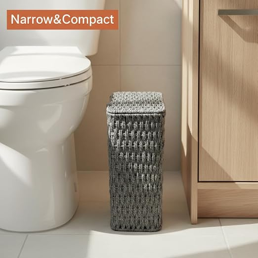 Coeusy 3 Gallon Paper Rope Bathroom Trash Can,Small Wicker Trash Cans with Lid and Liner,Woven Rattan Narrow Waste Basket for Bedroom,Office,Grey - Image 4