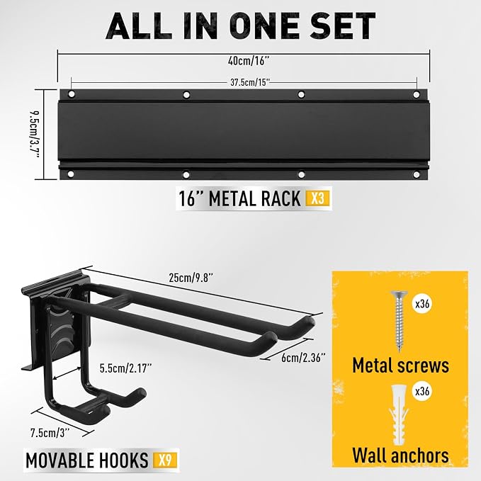 ELEAD 9-Pairs Heavy Duty Garage Tool Organizer Wall Mount Hooks, 48 Inches 730 lbs Garden Tool Organizer with Adjustable Hooks, Yard Tools Organizers for Garden, Yard, and Shed - Image 3