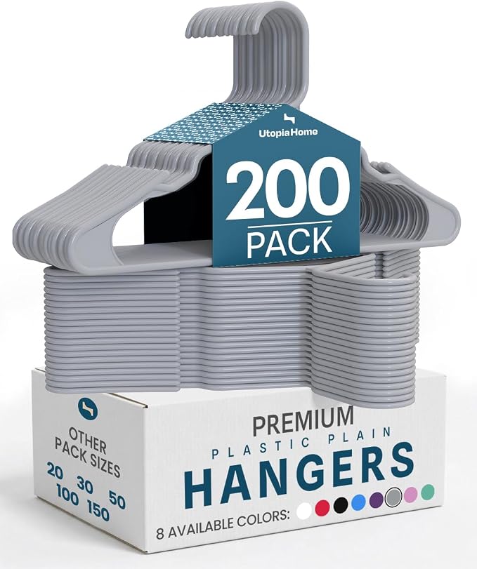 Utopia Home Plastic Hangers 200 Pack - Perfect Space Saving Clothes Hanger - Durable and Strong - Perfect Closet Organizers with Shoulder Grooves (Grey) by UTOPIAHOME
