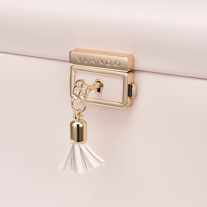 Vlando Lockable Jewelry Box Organizer with Key, 3-Tiered Storage Tray for Necklaces Earrings Rings Bracket Accessories Storage Display, Full HD-Mirror, Pink Beige - Image 4