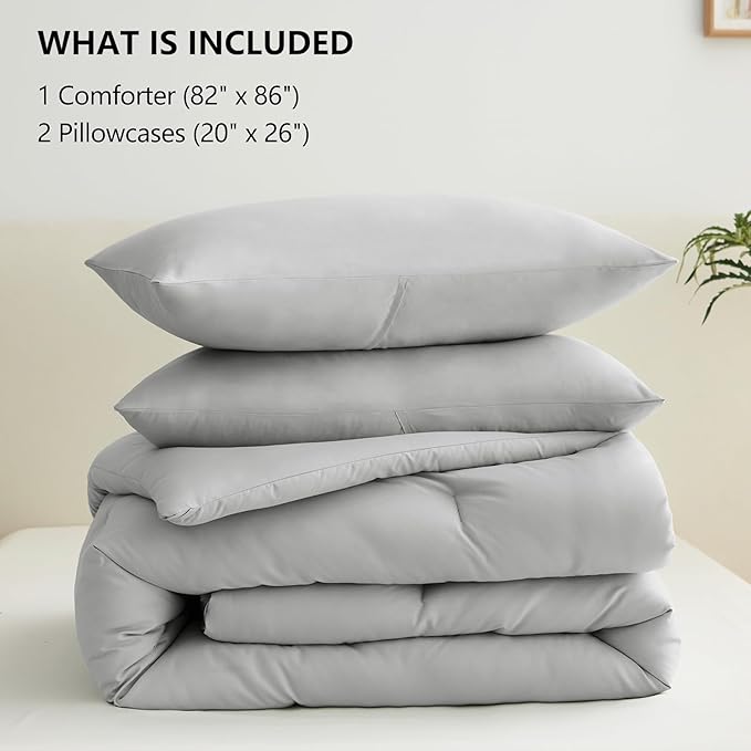 CozyLux Full Size Comforter Set Light Grey, 3 Pieces Solid Breathable Quilted Bedding Sets, Light Gray Luxury Lightweight Soft Bed Set with Down Alternative Comforter and 2 Pillowcases for All Seasons