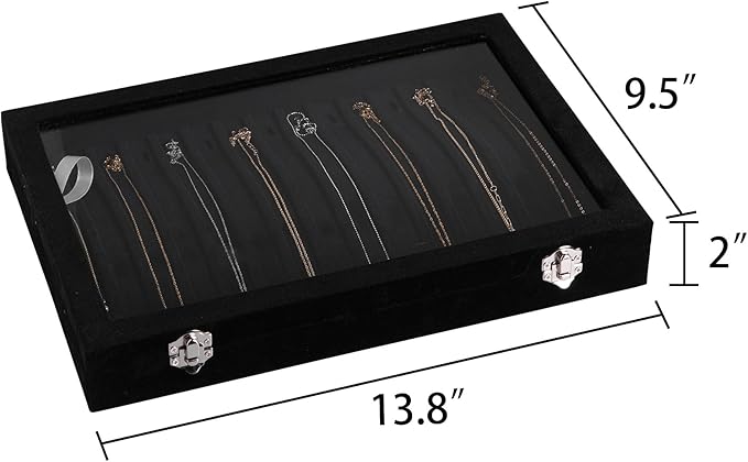 Frebeauty 15 Hooks Necklace Tray Velvet Neckalce Organizer with Clear Lid Lockable Necklace Holder Box Jewelry Organizer for Pendants Chains Necklace Jeweley Tray for Women Girls(Black) - Image 2