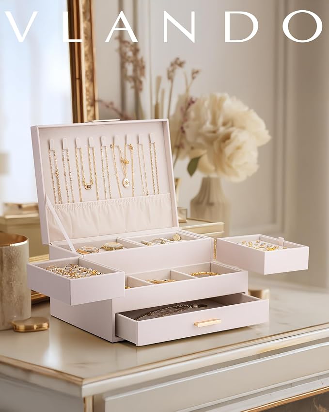 VLANDO 3 Layer Jewelry Box - Women Jewelry Box with Retractable Tray - Jewelry Organizers with Drawer for Necklaces, Rings, Bracelets, Earrings, Gift for Couples Mom Girls - Pink - Image 2