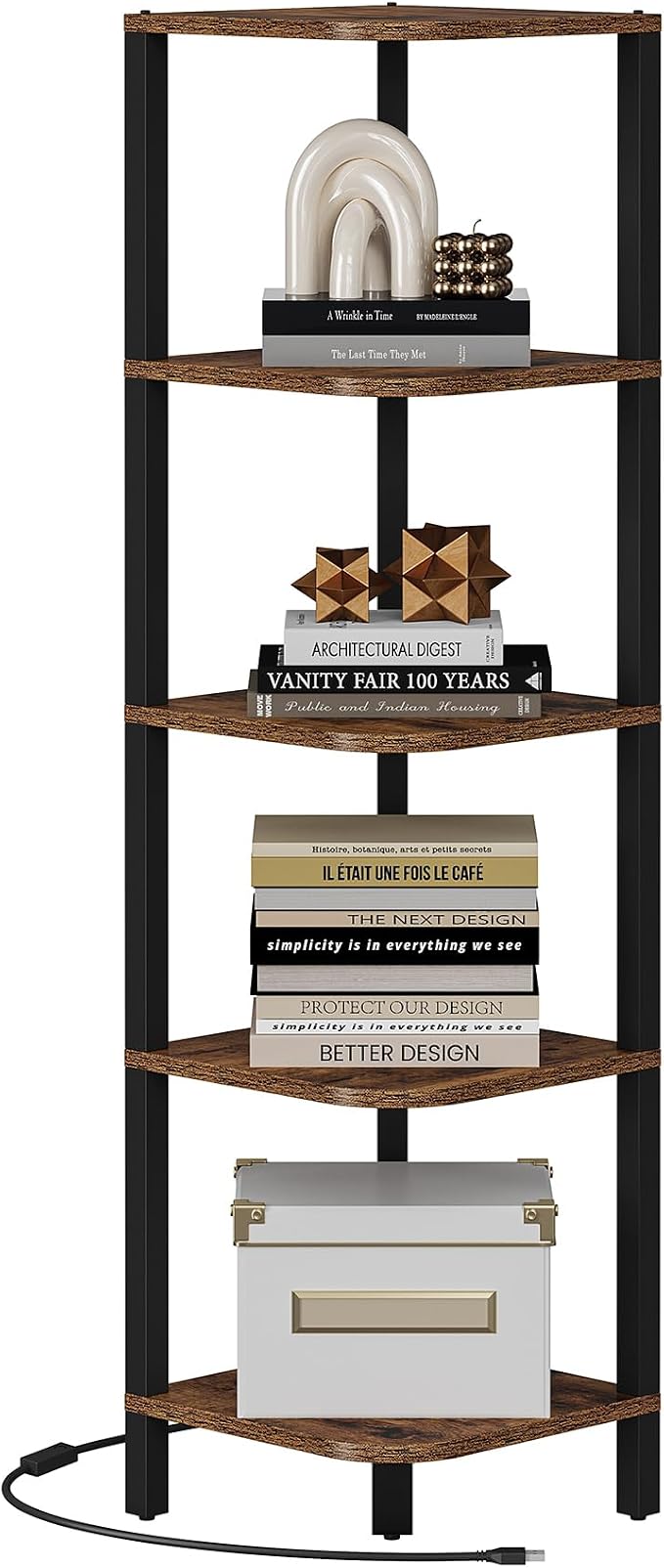 TUTOTAK Corner Shelf with LED Light, 5-Tier Corner Bookshelf for Small Space, Narrow Display Corner Shelf Stand with Storage Rack, for Living Room, Bedroom, Rustic Brown BS08BB005L - Image 9
