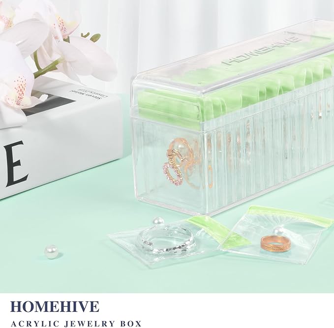 HOMEHIVE Acrylic Jewelry Box Organizer, Clear Jewelry Organizer Holder with 20 Portable Anti Tarnish Jewelry bags, Travel Jewelry Case for Earrings/Rings/Necklaces for Women Girls, Green - Image 2
