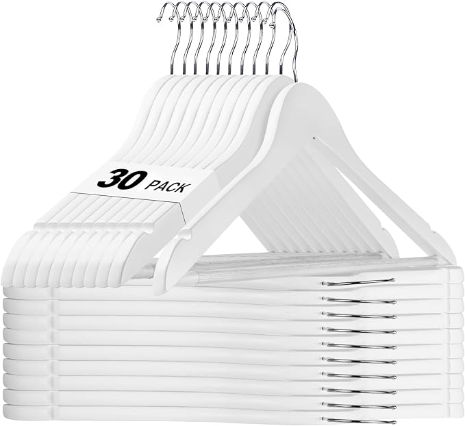 HOUSE DAY White Wooden Hangers 30 Pack, Solid Wood Hanger with Non Slip Pant Bar, Heavy Duty Wooden Coat Hanger for Closet, Smooth Finish Wood Clothes Hangers for Shirts, Suits Jackets, Dress by HOUSEDAY