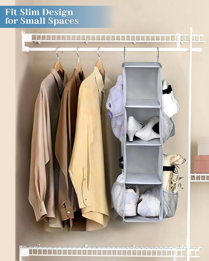 SLEEPING LAMB Short Hanging Shoe Organizer for Closet Storage with Mesh Side Pockets Holds 8 Pairs, Hanging Shoe Rack Hanger RV, Camper, Grey - Image 2