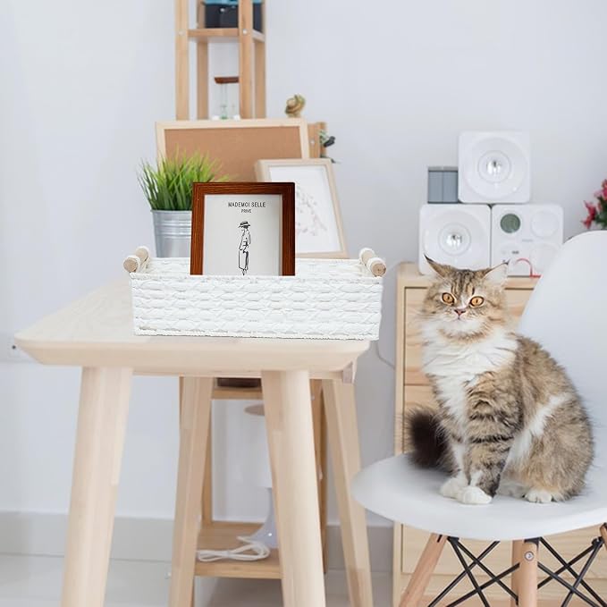 Small Storage Basket Wicker Baskets for Organizing with Handle Decorative Storage Bins for Countertop Toilet Paper Basket for Toilet Tank Top Small Baskets Set,White - Image 3