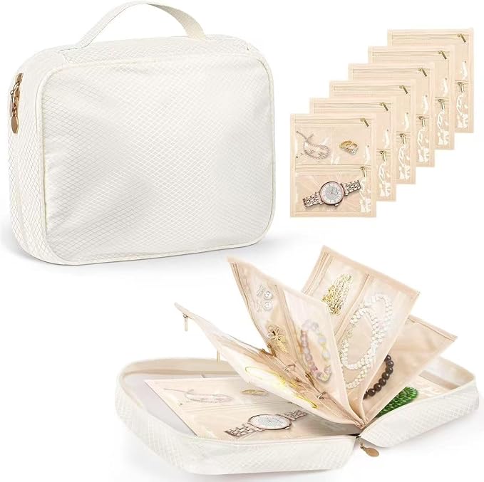 GSXRB Jewelry Organizer Travel Portable Earring Necklace Ring Jewelry Organizer Large Capacity Foldable Multi-Layer Classified Storage Bag Waterproof Antioxidant Organizer (beige) by CandleWick