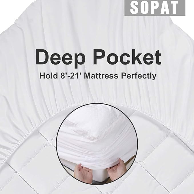 SOPAT Extra Thick Mattress Topper Queen 400TC Cotton Pillow Top Breathable Mattress Pad Protector with 8-22" Deep Pocket Soft Down Alternative Fill Mattress Cover (60x80 Inches, White)
