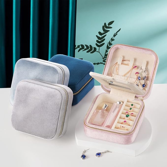 Plush Velvet Travel Jewelry Case,Mini Jewelry Box,Small Jewelry Organizer Portable Display Jewelry Storage Case, for Girls Women (NavyBlue-With Mirror) - Image 6