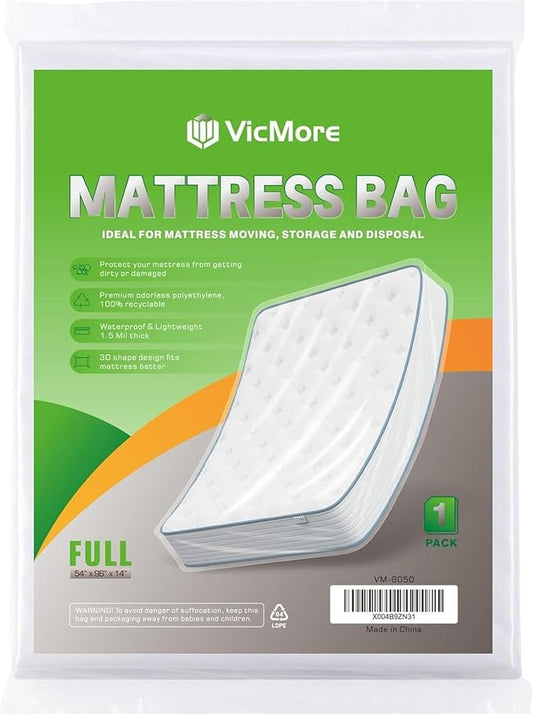 VICMORE Full Mattress Bag for Moving, Storage & Disposal – Clear Heavy-Duty 1.5 Mil Plastic Cover, Tear-Resistant & Dustproof, Recyclable (Fits Full/Double Beds)