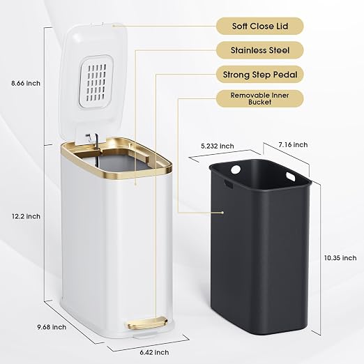 CEROELDA Small Bathroom Trash Can with Lid Soft Close-5L/1.3 Gal Stainless Steel Garbage Can-Step Pedal Wastebasket Slim Trash Bin for Office, Bedroom, Toilet, Live Room-White - Image 5
