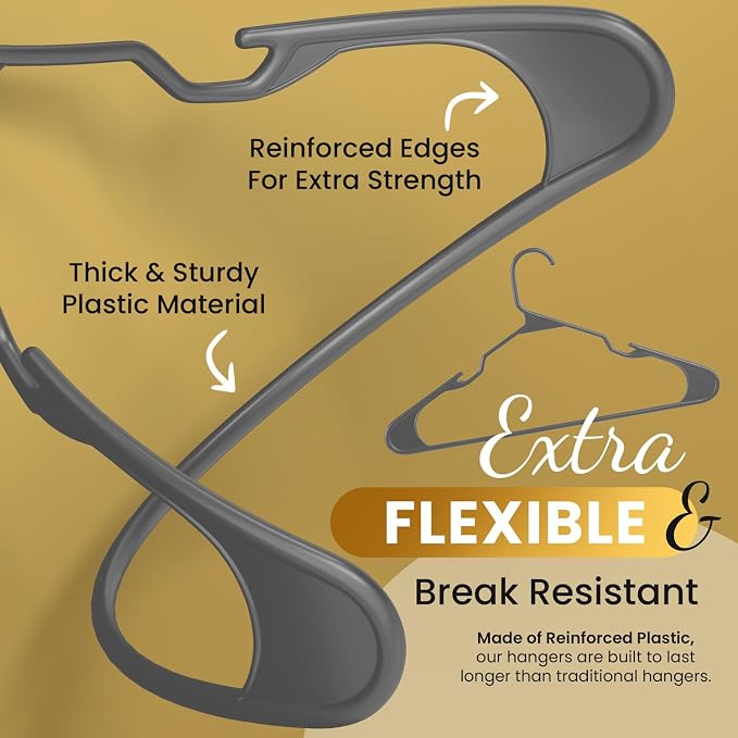 Our Modern Space 100 Pack Plastic Hanger for Shirt Pants Coats Dresses Skirts Suits Jackets - Standard Thick Coat Hanger - Sturdy & Durable Design with Shoulder Grooves Hook - Grey - Image 3