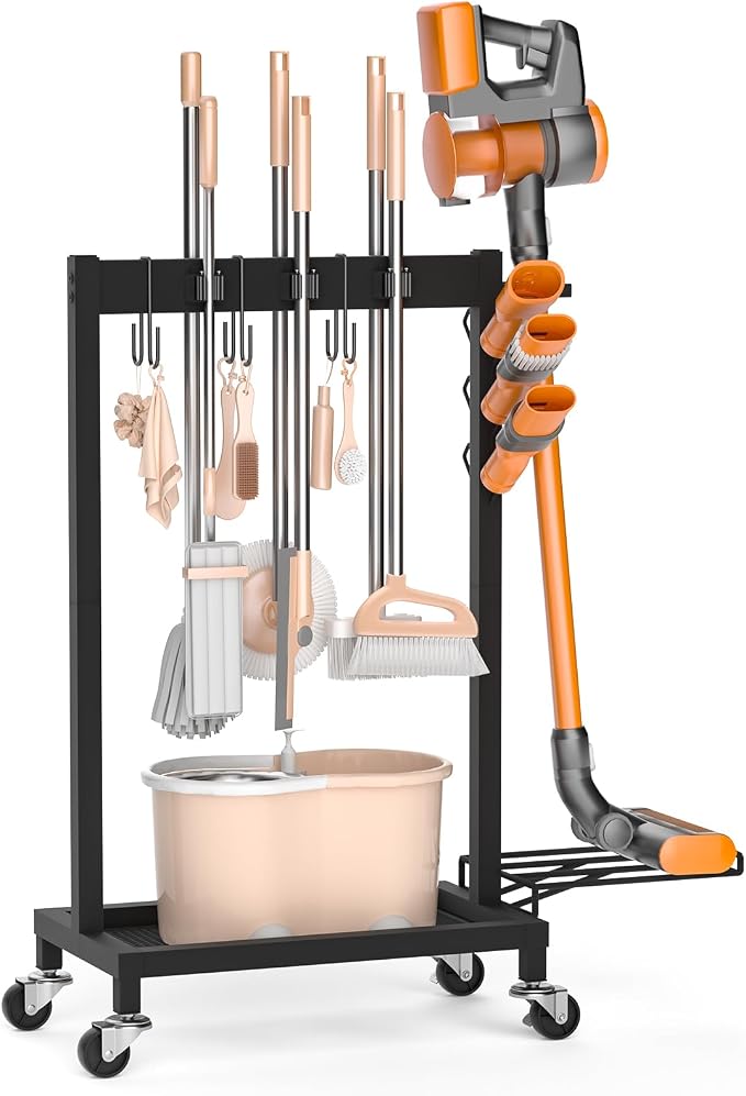 Broom Holder with Cleaning Supplies Organizer Load 160 LBS Cleaning Cart with Wheels Broom Closet Storage with 6 Mop Hanger Grippers, 3 Double-Hooks, Vacuum Stand for Laundry Garage Organization by FLOUREEbyFetchHome