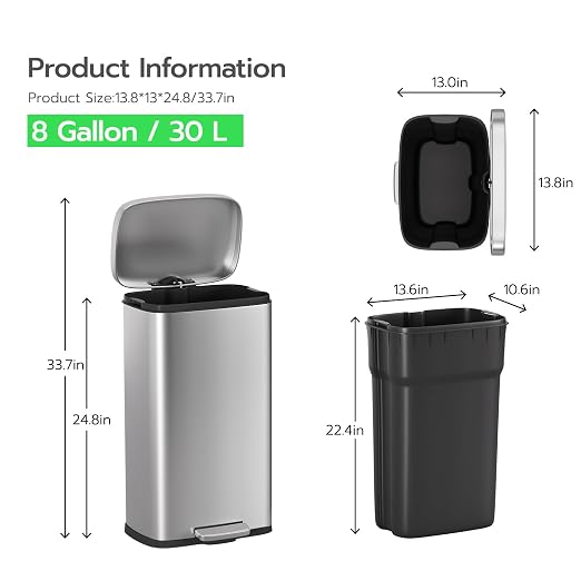 PayLessHere 8 Gallon (30L) Stainless Steel Trash Can with Lid - Removable Inner Bucket, Foot Pedal, Soft Close for Office, Home, Kitchen - Image 7