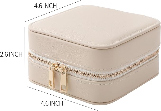 Genuine Leather Travel Jewelry Organizer Case with Mirror for Women, Small Mini Portable Jewelry Box for Ring Earrings Necklace Bracelet Luxury Gift for Women（Beige） - Image 2