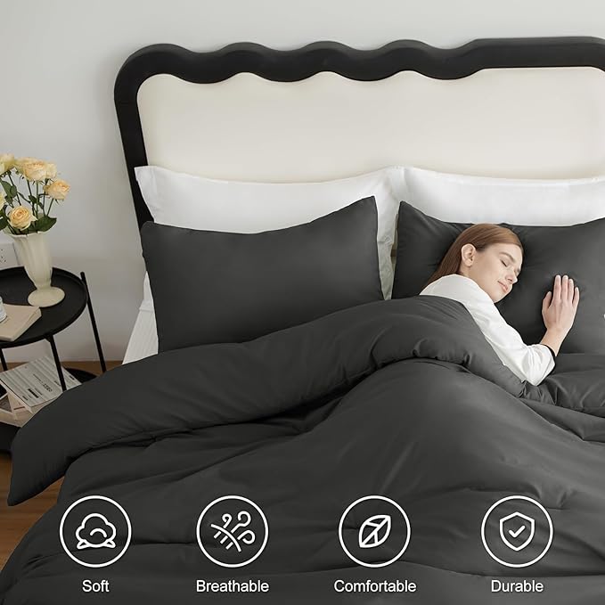 CozyLux Queen Comforter Set Dark Grey, 3 Pieces Solid Comforters Queen Size Breathable Quilted Bedding Sets, Dark Gray Luxury Soft Lightweight Bed Set with Down Alternative Comforter and 2 Pillowcases