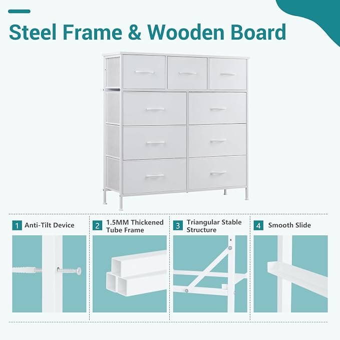 OLIXIS 9 Drawers Storage Organizers Units, Closet Organizers and Storage for Clothes, Fabric Storage Drawer for Living Room, Chest of Dresser in 39.4" D x 11.8" W x 39.9" H, White - Image 6