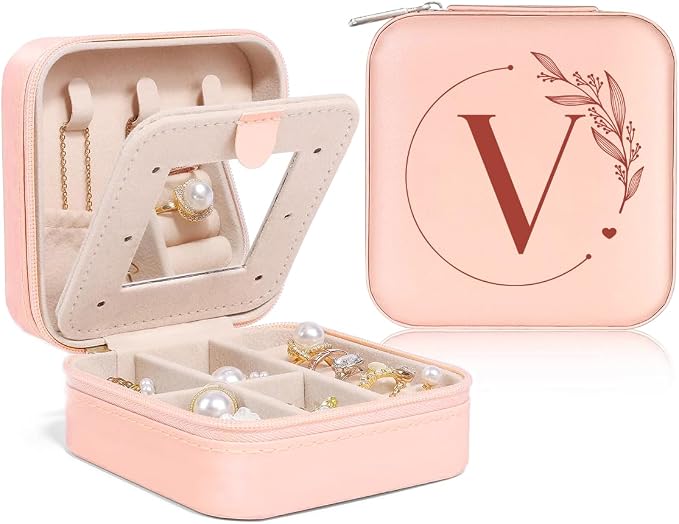 SANDJEST Personalized Jewelry Box, Pink Small Travel Jewelry Box with Initial V, Monogrammed Jewelry Case Organizer for Girls Women Teen, Mini Travel Essentials Gifts for Christmas Birthday by SANDJEST