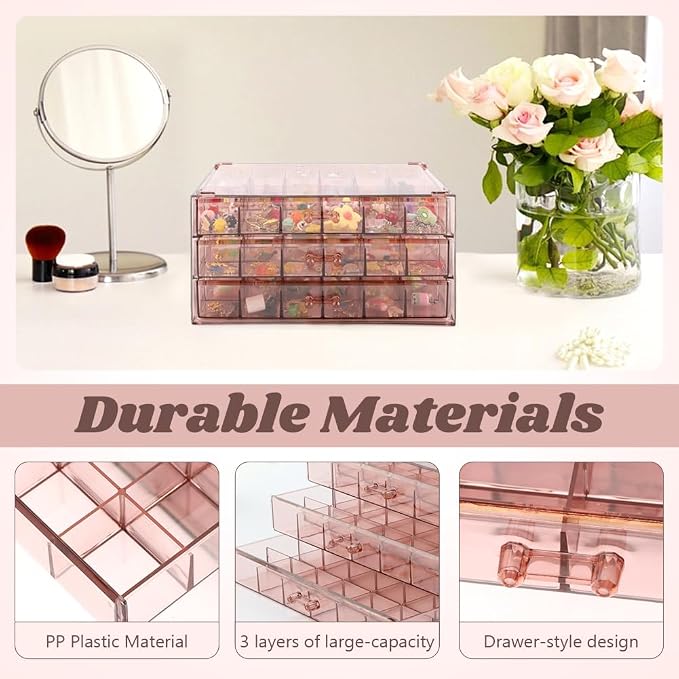Jewelry Organizer, Earring Holder Organizer Box with 3 Layers, 72 Grids Earring Case, Craft Storage Containers for Nail Charms, Ring, Earrings(Tan) - Image 4
