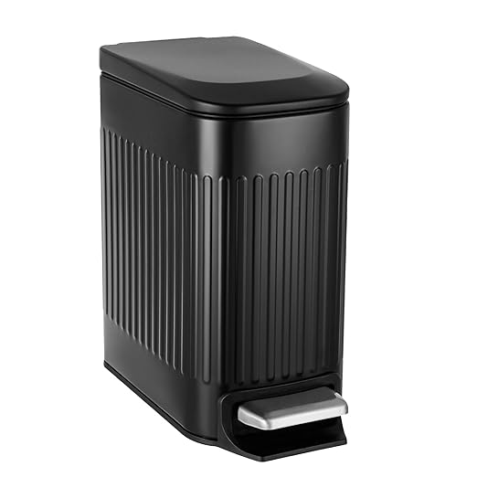 TrashAid Small Black Bathroom Trash Can with Lid Soft Close, 6 Liter / 1.6 Gallon, Stainless Steel Garbage Can with Removable Inner Bucket, Step Pedal, Slim Wastebasket for Toilet, Office, Bedroom by TrashAid