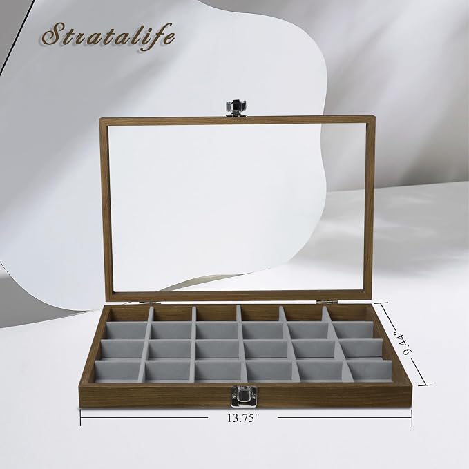 Stratalife Jewelry Organizer Vintage Jewelry Display Case Earring Box Wood Ring Storage with Lid Earrings Holder for Women Drawers 24 Grid - Image 5