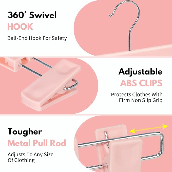 Skirt Hangers，Pants Hangers with Clips，360 ° Swivel Hooks Space Saving Hangersfor Pants, Skirts, Clothes, Jeans (30 Pack, Pink) - Image 4