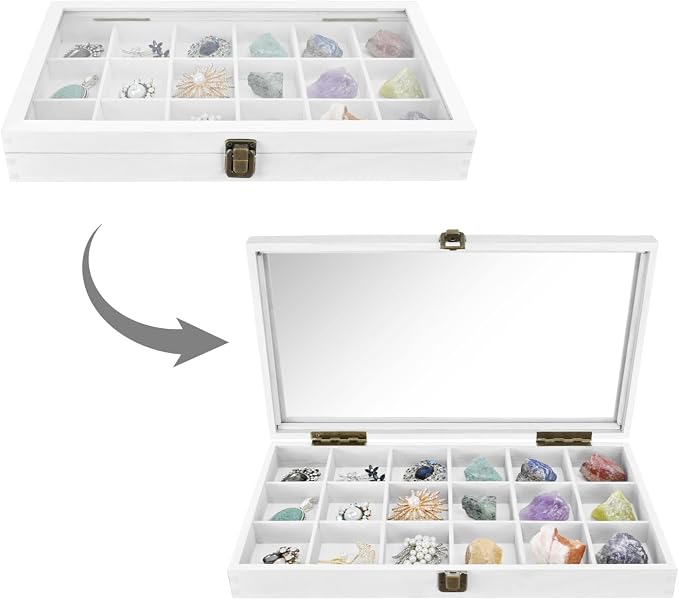 MOOCA Wooden Display Storage Case with Tempered Glass Lid for Jewelry and Beads with 18 Compartments Tray, 15 W x 8 3/8 L x 2 1/8 H in, Wash White Color - Image 3